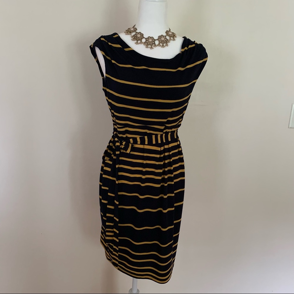 Blue and gold striped dress with ruching